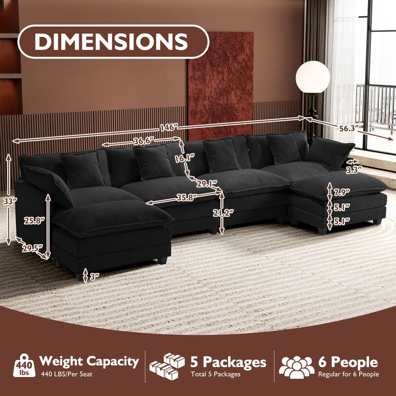 Ihanherry 111.4" L Shaped Modern Sofa Modular Sectional Cloud Couch with Ottoman, 4-Seat Chenille Deep Seat Sofa with Pillow for Living Room, Bedroom and Apartment, Beige LeafyLoom