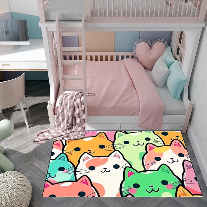 Cat Rug for Girls Room - Cat Pattern Rug Decor for Bedroom Cute Cat Area Rug Carpet Cartoon Cat Rug Kids Room, 3x4 Feet - LeafyLoom