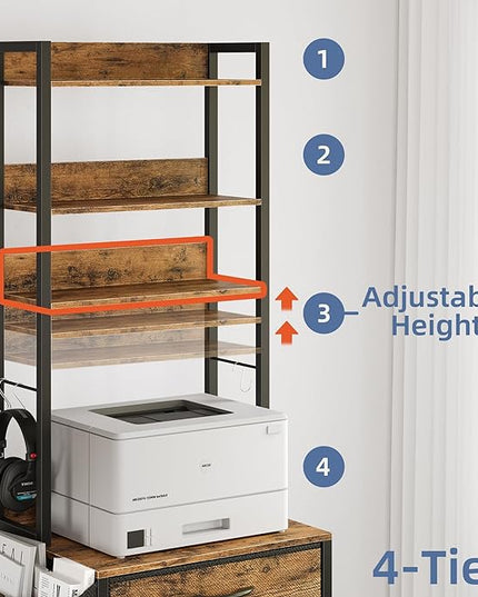 3 Drawer File Cabinet with Charging Station, Fabric Drawer, 4-Tier Tall Filing Cabinet with Adjustable Bookshelf, 69''H File Cabinet for Home Office Fits A4/Letter/Legal, Rustic Brown - LeafyLoom