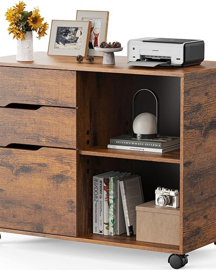 Sweetcrispy 3-Drawer File Cabinet, Lateral Mobile Filing Cabinet Wood Under Desk Storage Organizer with Wheels, Printer Stand & Open Shelves for Home Office Organization - Rustic Brown - LeafyLoom