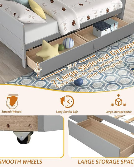 Twin Daybed with 2 Storage Drawers,Pinewood Twin Size Daybed Frame with Solid Guardrail,Dual-Use Sofa Daybed for Boys/Girls/Teens Bedroom, Easy to Assemble, No Box Spring Needed,Grey - LeafyLoom