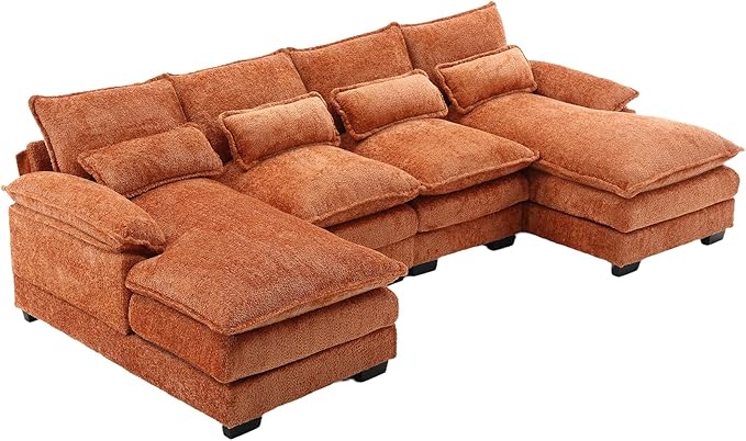 110.63" Chenille Fabric Upholstered Sectional Sofa with Double Chaises & Solid Wood Legs, U-Shape Oversized Modular Couch with 2 Layered & Detachable Seat Cushions for Living Room, Apartment - LeafyLoom