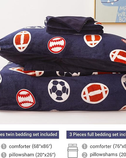 Mooreeke Glow in The Dark Twin Plush Fleece Comforter Bed Set, Soft & Warm 2 Piece Bed in A Bag with Sham, Velour Velvet Football Basketball Soccer Rugby Boys Kids Bedding Set, Fluffy Fuzzy Polar Cozy - LeafyLoom