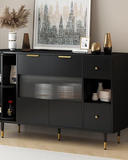 51.1" Rotating Storage Cabinet Sideboard with 2 Doors of Tempered Changhong Glass and 2 Drawers,Wooden Console Table,w/Built-in Shelves & Turntable,for Living Room,Black - LeafyLoom