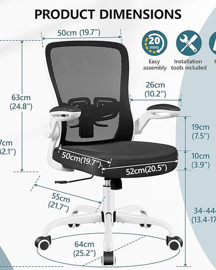 MINLOVE Office Chair Ergonomic Desk Chair with Adjustable Lumbar Support and Height, 90° Flip-up Armrests, Ergo Desk Chairs with Wheels, 360° Swivel Mesh Chair, Home Work Use (White) - LeafyLoom