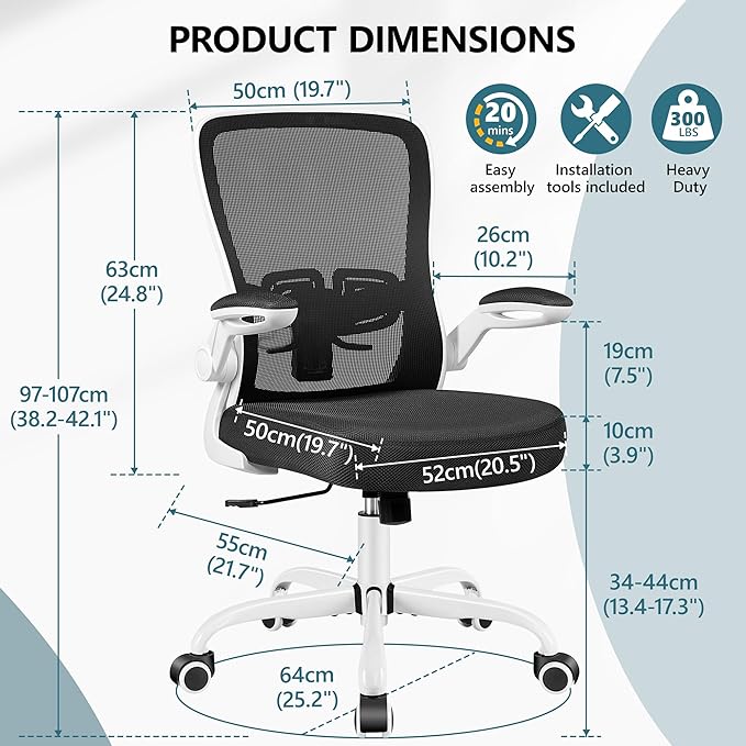 MINLOVE Office Chair Ergonomic Desk Chair with Adjustable Lumbar Support and Height, 90° Flip-up Armrests, Ergo Desk Chairs with Wheels, 360° Swivel Mesh Chair, Home Work Use (White) - LeafyLoom