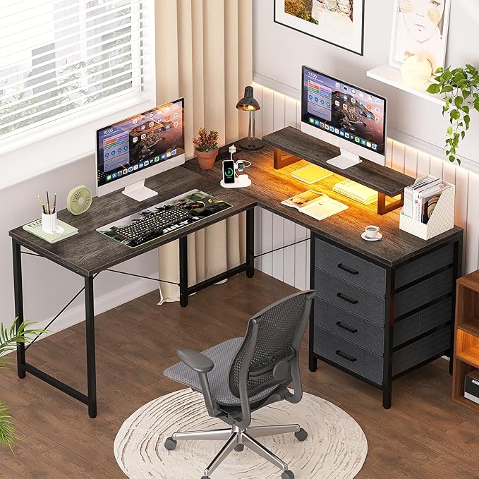 Homieasy L Shaped Desk with Drawers & Power Outlets, Reversible Computer Desk with LED Light and Monitor Stand, 50 Inch Home Office Gaming Work Study Desk with 4 Storage Drawers, Black Oak - LeafyLoom