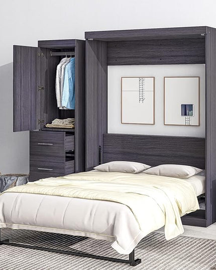Full Size Murphy Bed, Multifunctional Storage Bed Wall Bed with 3 Drawers and Wardrobe, Can be Folded into a Cabinet, Ideal for Small Spaces Place, No Box Spring Needed, Gray - LeafyLoom