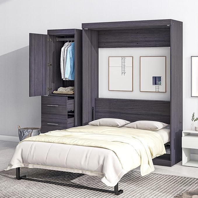 Full Size Murphy Bed, Multifunctional Storage Bed Wall Bed with 3 Drawers and Wardrobe, Can be Folded into a Cabinet, Ideal for Small Spaces Place, No Box Spring Needed, Gray - LeafyLoom