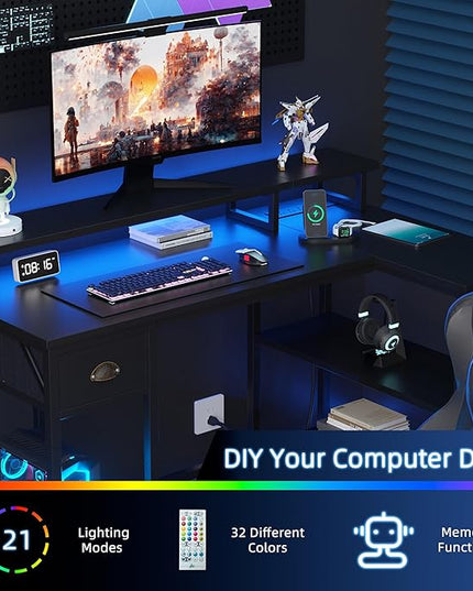 Shintenchi 50" L Shaped Computer Desk with 3-Tier Storage Shelves & Drawer, Reversible Gaming Desk with Monitor Stand & 32 Colors LED Lights, Modern Study Workstation for Home Office, Black - LeafyLoom