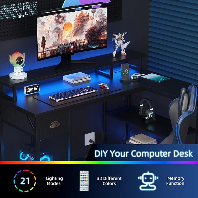 Shintenchi 50" L Shaped Computer Desk with 3-Tier Storage Shelves & Drawer, Reversible Gaming Desk with Monitor Stand & 32 Colors LED Lights, Modern Study Workstation for Home Office, Black - LeafyLoom