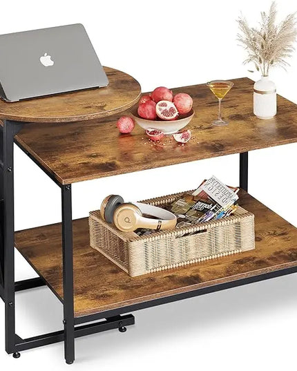 WLIVE Coffee Table and End Table Set, 31.3" Center Table and 18.7" Small Round Coffee Table with Side Pouch, Wood Nesting Coffee Table for Living Room, Bedroom, Rustic Brown - LeafyLoom