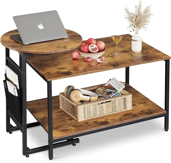 WLIVE Coffee Table and End Table Set, 31.3" Center Table and 18.7" Small Round Coffee Table with Side Pouch, Wood Nesting Coffee Table for Living Room, Bedroom, Rustic Brown - LeafyLoom