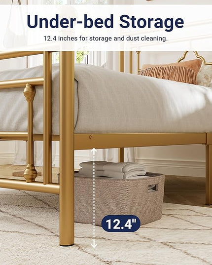Allewie Twin Size Metal Platform Bed Frame with Victorian Vintage Headboard and Footboard/Mattress Foundation/Under Bed Storage/No Box Spring Needed/Noise-Free/Easy Assembly, Gold - LeafyLoom