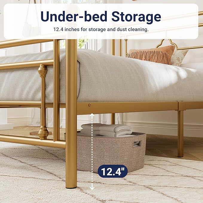 Allewie Twin Size Metal Platform Bed Frame with Victorian Vintage Headboard and Footboard/Mattress Foundation/Under Bed Storage/No Box Spring Needed/Noise-Free/Easy Assembly, Gold - LeafyLoom