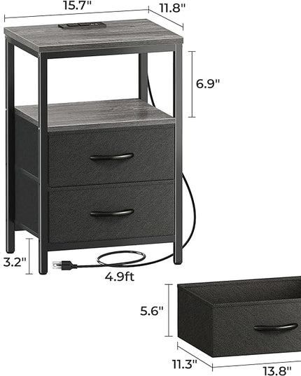 Nightstand with Charging Station, Side Table with Fabric Drawers, End Table with Open Shelf, Bedside Table with USB Ports and Outlets, Night Stand for Bedroom, Charcoal Gray - LeafyLoom