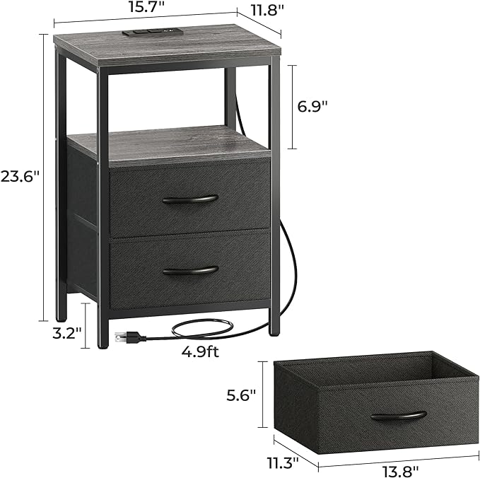 Nightstand with Charging Station, Side Table with Fabric Drawers, End Table with Open Shelf, Bedside Table with USB Ports and Outlets, Night Stand for Bedroom, Charcoal Gray - LeafyLoom