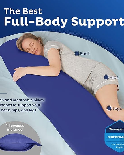Snuggle-Pedic Body Pillow for Adults w/Navy Pillowcase - Pregnancy Pillows w/Shredded Memory Foam - Firm Maternity Side Sleeper Pillow for Adults - Long Cuddle Pillow for Bed - 20x54 - LeafyLoom