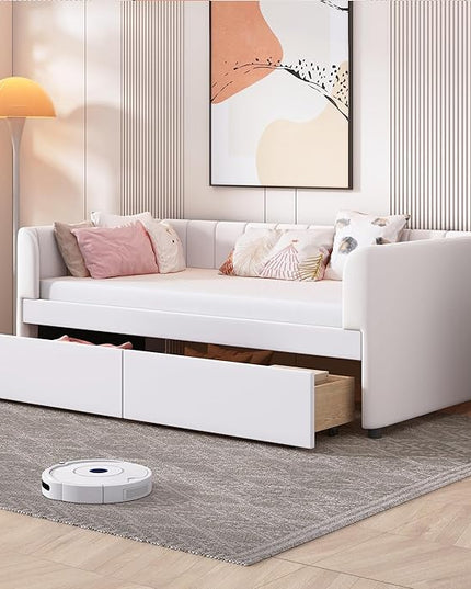Velvet Twin Size Upholstered Daybed with Ergonomic Design Backrest & 2 Drawers, Sofa Bed w/Classic Striped Headboard for Bedroom, Living Room, Guest Room,No Box Spring Needed,Beige - LeafyLoom