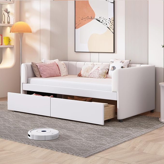 Modern Twin Size Upholstered Daybed Frame with Storage Drawers, Elegant Velvet Fabric Sofa Bed with Ergonomic Design Backrest and Armrests, No Box Spring Needed, Beige - LeafyLoom