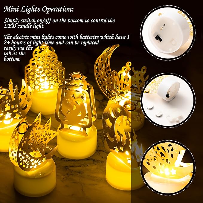 6Pcs Ramadan Mini Lantern Lights Decoration, Moon Castle Lighthouse Eid Mubarak Lamp Battery Included Plastic LED Night Light for Eid Ramadan Party Home Indoor Outdoor Bedroom Tabletop Decor - LeafyLoom