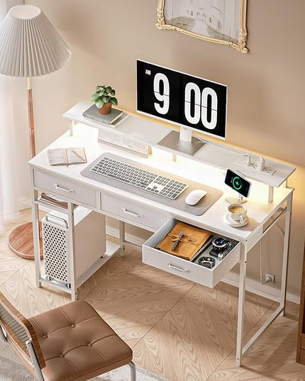 Computer Desk with Drawers and Storage Shelves, Home Office Desk with LED Lights & Power Outlets, Gaming Desk with Monitor Stand, Writing Study Desk, Kids Small Desk for Bedroom, White - LeafyLoom