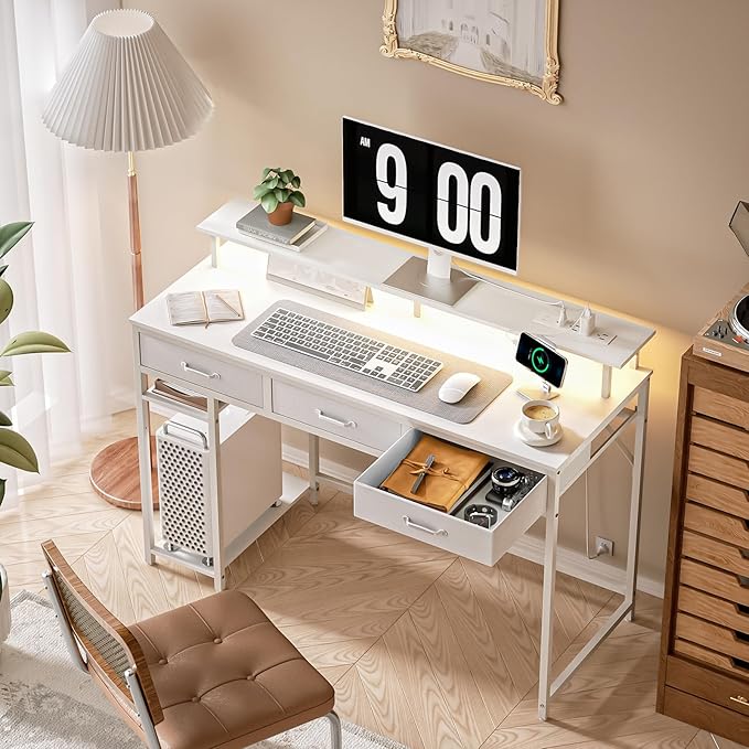Computer Desk with Drawers and Storage Shelves, Home Office Desk with LED Lights & Power Outlets, Gaming Desk with Monitor Stand, Writing Study Desk, Kids Small Desk for Bedroom, White - LeafyLoom