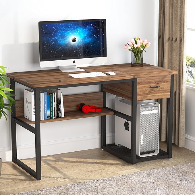 Tribesigns Drafting Table with Storage Drawers, Drawing Computer Desk Artist Craft Table Painting Desk Workstation with Shelves and Tiltable Tabletop for Students, Home Office - LeafyLoom