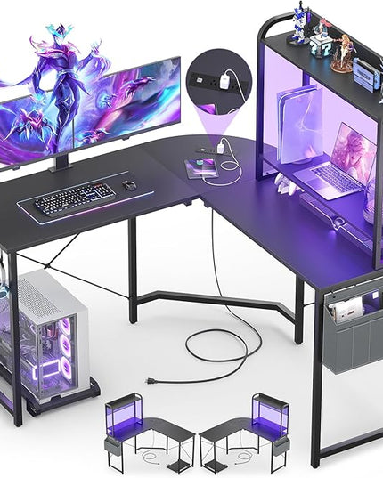 Small L Shaped Gaming Desk with Power Outlets, Corner Gaming Desk with LED Light, Reversible L-Shaped Desk with Monitor Stand & Hutch, L Shaped Desk Home Office Desk with Storage Bag, Black - LeafyLoom