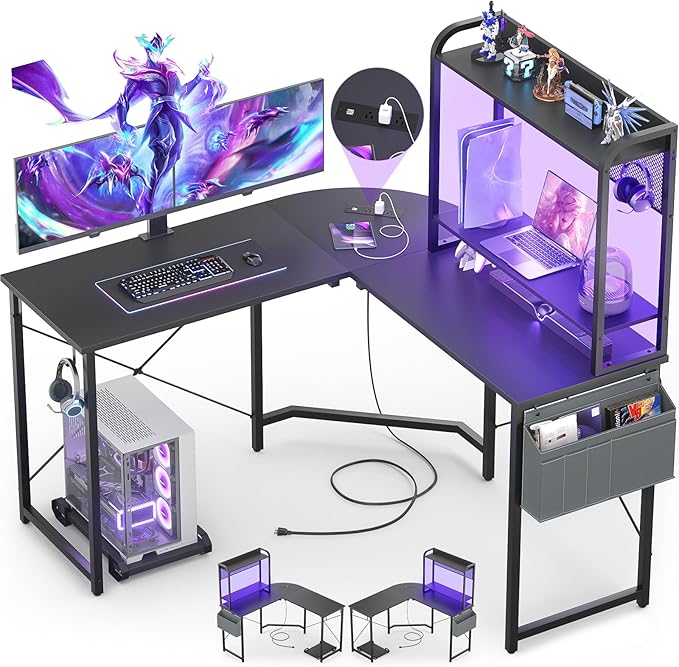 Small L Shaped Gaming Desk with Power Outlets, Corner Gaming Desk with LED Light, Reversible L-Shaped Desk with Monitor Stand & Hutch, L Shaped Desk Home Office Desk with Storage Bag, Black - LeafyLoom