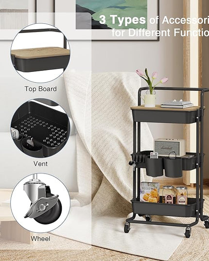 DTK 3 Tier Rolling Cart Uility Cart with Cover Board, Mobile Storage Cart with Wheels, Cups, Hooks for Office Utility Kitchen Bathroom Homeschool Art Craft Postpartum Teacher Cart Organizer(Black) - LeafyLoom