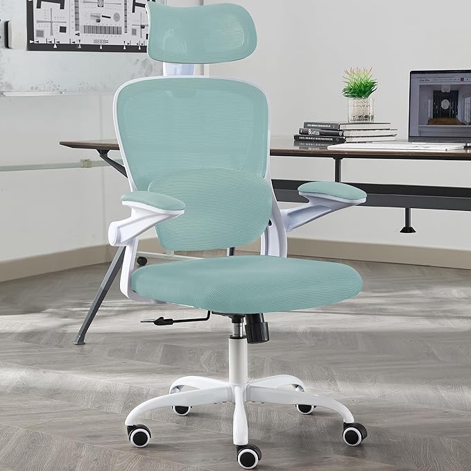 Ergonomic Office Chair with Tilt-Lock, Home Office Desk Chair with Auto Lumbar Support, High Back Mesh Desk Chair with Adjustable Headrest, Swivel Task Chair or Study Room Bedroom,Lake Blue - LeafyLoom