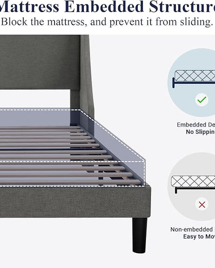 Allewie Queen Bed Frame, Platform Bed Frame Queen Size with Upholstered Headboard, Modern Deluxe Wingback, Wood Slat Support, Mattress Foundation, Light Grey - LeafyLoom