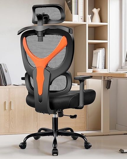 Office Chair Ergonomic Desk Chair Comfy Computer Chair, Big and Tall Home Office Chair with Back Support, Mesh Office Chair High Back Gaming Chair with Adjustable Armrest (Orange) - LeafyLoom