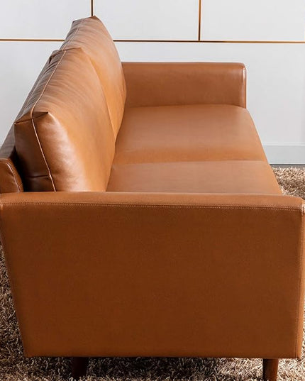 Dreamsir 80'' Faux Leather Sofa Couch, Mid-Century Modern Sofa with Solid Wooden Frame & Padded Cushions, 3-Seater Couch for Living Room, Apartment, Lounge Room (Brown) - LeafyLoom