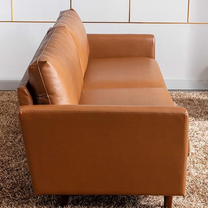 Dreamsir 80'' Faux Leather Sofa Couch, Mid-Century Modern Sofa with Solid Wooden Frame & Padded Cushions, 3-Seater Couch for Living Room, Apartment, Lounge Room (Brown) - LeafyLoom