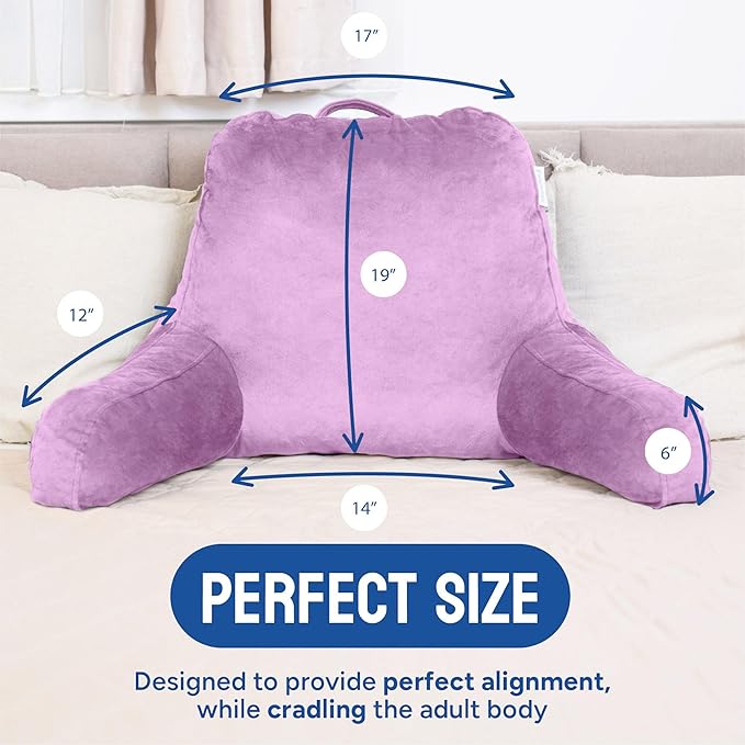 ComfortSpa Reading Pillow for Bed Adult Size, Back Rest Pillow with Arms, Pockets and Washable Cover; Use as a Back Pillow for Sitting in Bed for Bedrest or Relief from GERD Heartburn (Lavender) - LeafyLoom