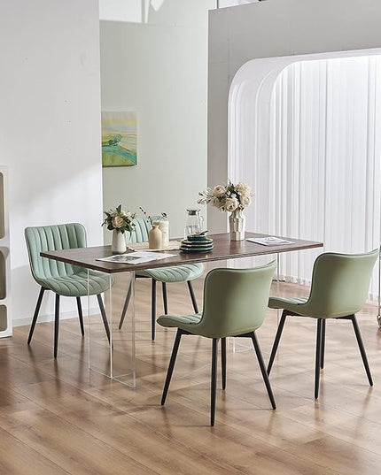 YOUNUOKE Dining Chairs Set of 2 Upholstered Mid Century Modern Kitchen Chair Armless Faux Leather Side Chairs with Padded Back Metal Legs for Living Room Bedrooms Mint Light Sage Green - LeafyLoom