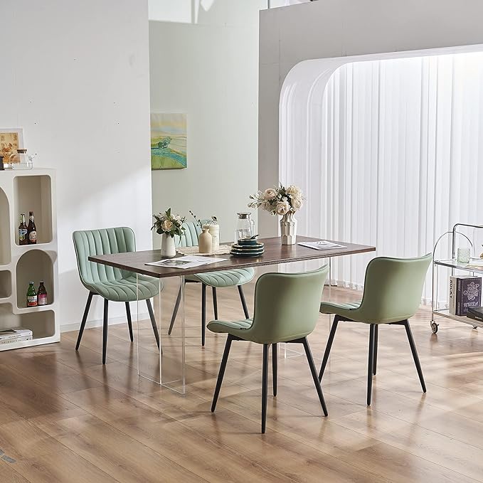 YOUNUOKE Dining Chairs Set of 2 Upholstered Mid Century Modern Kitchen Chair Armless Faux Leather Side Chairs with Padded Back Metal Legs for Living Room Bedrooms Mint Light Sage Green - LeafyLoom