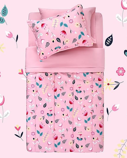 SLEEP ZONE Kids Twin Bedding Comforter Set - Super Cute & Soft Kids Bedding 5 Pieces Set with Comforter, Sheet, Pillowcase & Sham (Pink Flower) - LeafyLoom