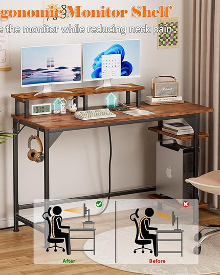 Furologee Desk with Power Outlets and LED Lights, 47" Computer Office Desk with Shelves and Fabric Drawer, Reversible Gaming Study Table with Monitor Stand and Hooks, Rustic Brown - LeafyLoom