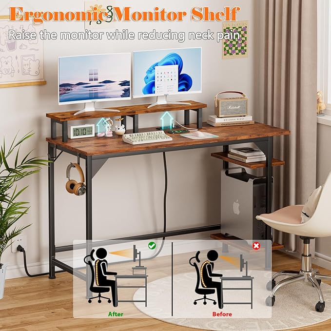 Furologee Desk with Power Outlets and LED Lights, 47" Computer Office Desk with Shelves and Fabric Drawer, Reversible Gaming Study Table with Monitor Stand and Hooks, Rustic Brown - LeafyLoom