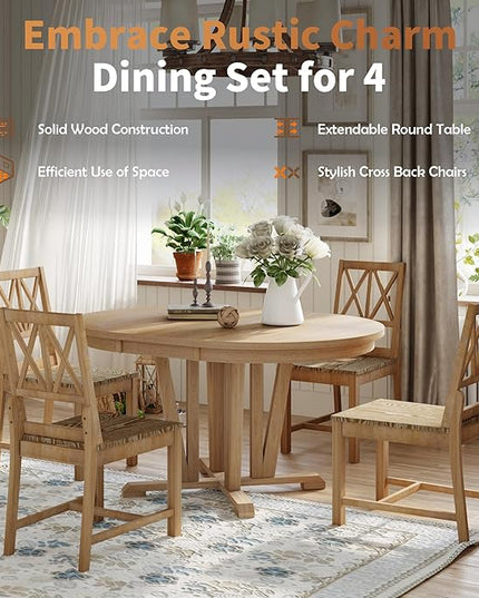 Rustic Round Trestle, Extending w/4 Cross Back Chairs, Easy Assembly, Room, Kitchen, Small Place, 5 Piece Dining Table Set, Natural 19 - LeafyLoom