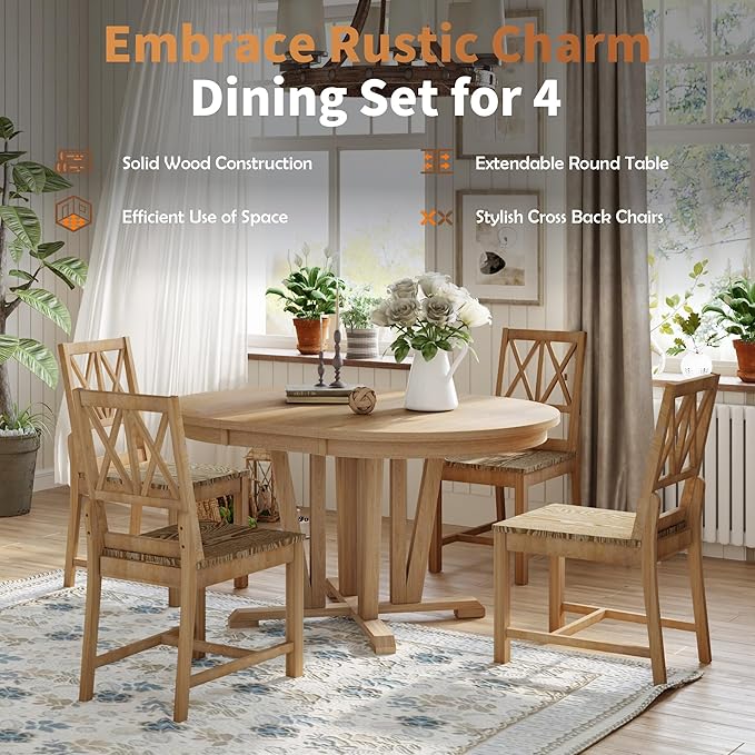 Rustic Round Trestle, Extending w/4 Cross Back Chairs, Easy Assembly, Room, Kitchen, Small Place, 5 Piece Dining Table Set, Natural 19 - LeafyLoom