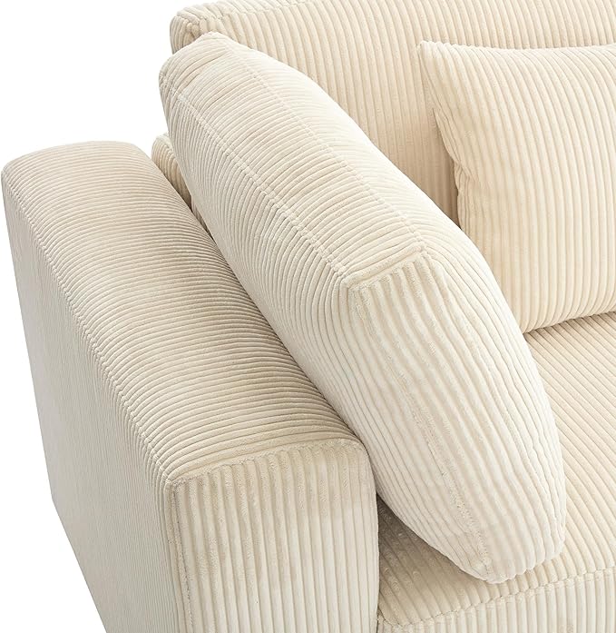 Morden Soft Corduroy Upholstered 3 Seater Sofa Couch with Removable Back Cushions and 5 Pillows for Living Room, Apartment, Office, 105", Beige-403 - LeafyLoom