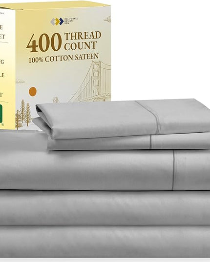 Split King Sheets for Adjustable Bed, Soft 100% Cotton Sheets, 400 Thread Count Sateen, 5 Pc Set - 2 Twin-XL Fitted Sheets, Deep Pocket Sheets, Cooling Sheets, Beats Egyptian Cotton Claim (Light Grey) - LeafyLoom