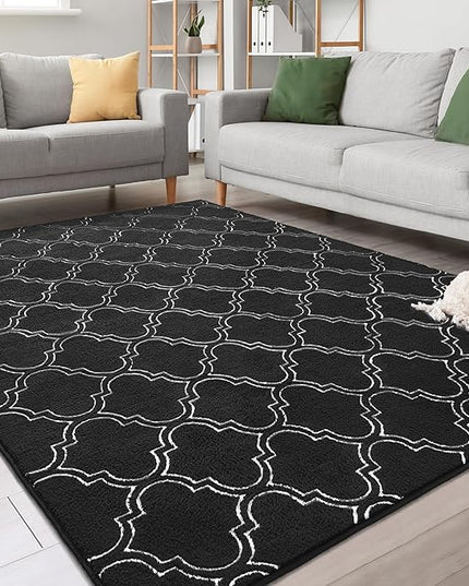 Chicrug Shag Geometric 7x10 Area Rug for Living Room, Large Modern Memory Foam Indoor Carpet, Fluffy Rug for Bedroom Bedside Room Decor for Family Girls Kids Nursery, Black/White - LeafyLoom