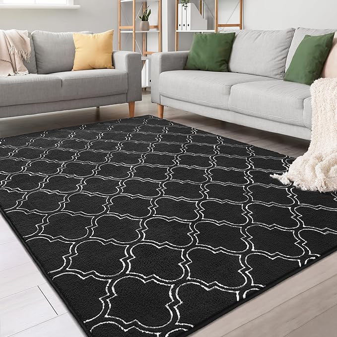 Chicrug Shag Geometric 7x10 Area Rug for Living Room, Large Modern Memory Foam Indoor Carpet, Fluffy Rug for Bedroom Bedside Room Decor for Family Girls Kids Nursery, Black/White - LeafyLoom