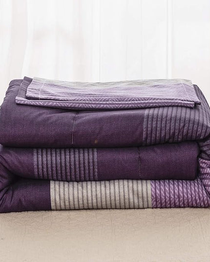 WONGS BEDDING Purple Comforter Set Twin, Revsible Purple Grey Striped Down Alternative Comforter for Twin Bed,2 Pieces (1 Comforter+1 Pillowcase), Soft Microfiber Bedding Duvet Insert 68”×86” - LeafyLoom
