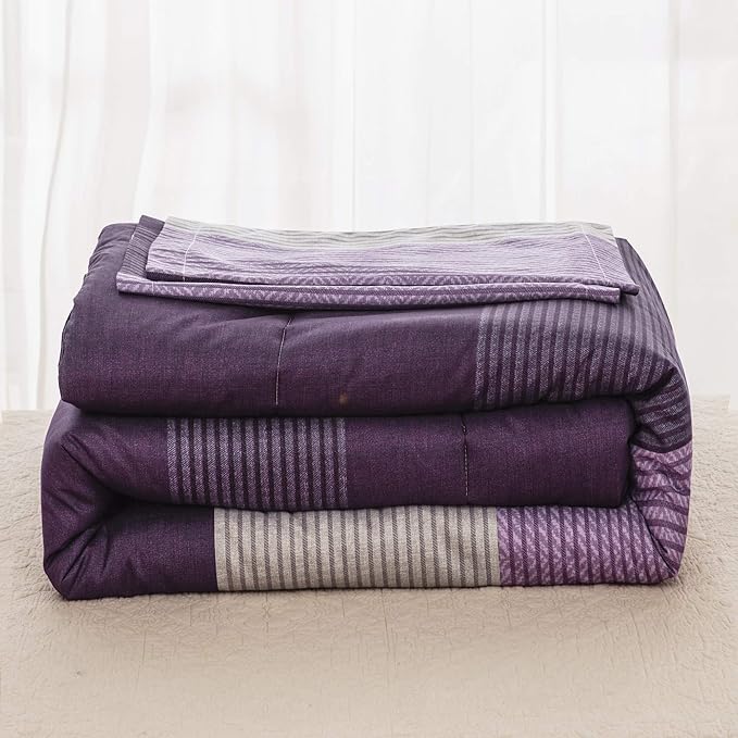 WONGS BEDDING Purple Comforter Set Twin, Revsible Purple Grey Striped Down Alternative Comforter for Twin Bed,2 Pieces (1 Comforter+1 Pillowcase), Soft Microfiber Bedding Duvet Insert 68”×86” - LeafyLoom